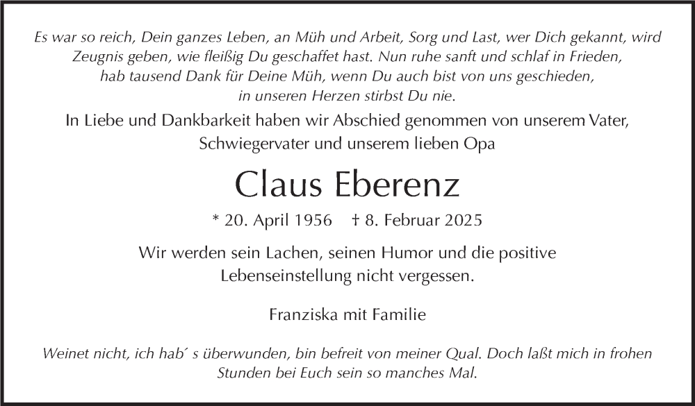 Traueranzeige für Claus Eberenz vom 08.03.2025 aus Stuttgarter Zeitung / Stuttgarter Nachrichten