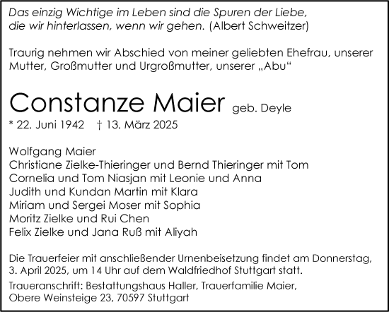 Traueranzeige von Constanze Maier von Stuttgarter Zeitung / Stuttgarter Nachrichten