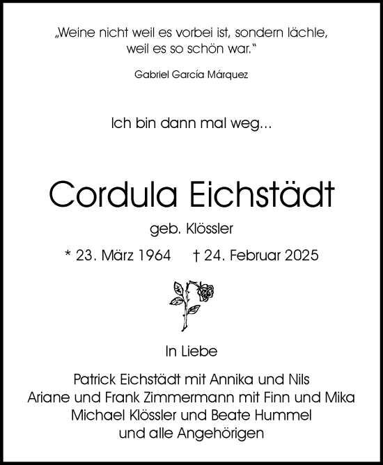 Traueranzeige von Cordula Eichstädt von Stuttgarter Zeitung / Stuttgarter Nachrichten