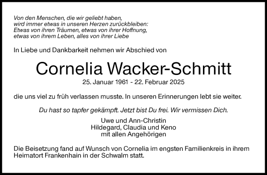 Traueranzeige von Cornelia Wacker-Schmitt von Stuttgarter Zeitung / Stuttgarter Nachrichten