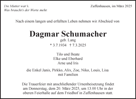 Traueranzeige von Dagmar Schumacher von Stuttgarter Zeitung / Stuttgarter Nachrichten