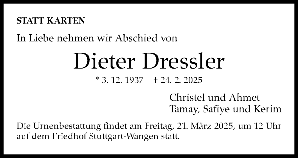  Traueranzeige für Dieter Dressler vom 08.03.2025 aus Stuttgarter Zeitung / Stuttgarter Nachrichten