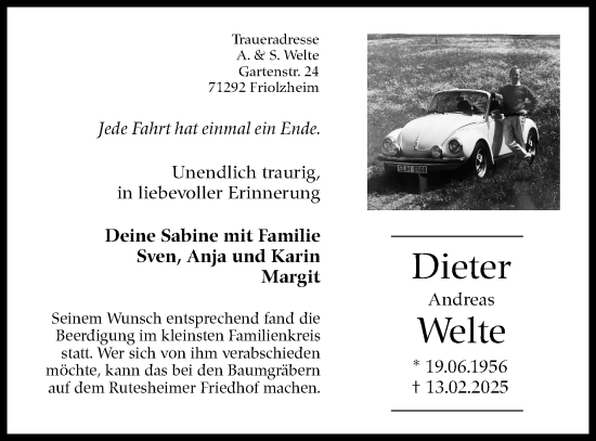 Traueranzeige von Dieter Welte von Stuttgarter Zeitung / Stuttgarter Nachrichten