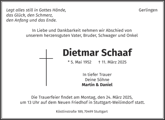 Traueranzeige von Dietmar Schaaf von Stuttgarter Zeitung / Stuttgarter Nachrichten