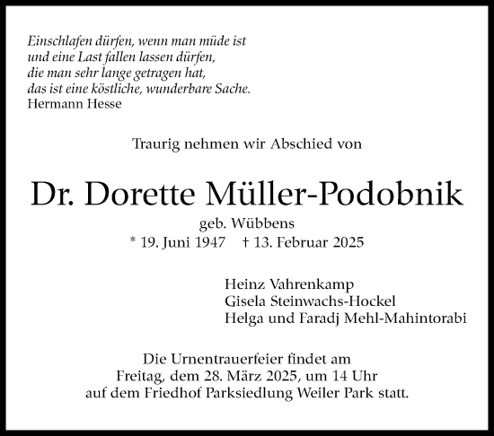 Traueranzeige von Dorette Müller-Podobnik von Stuttgarter Zeitung / Stuttgarter Nachrichten