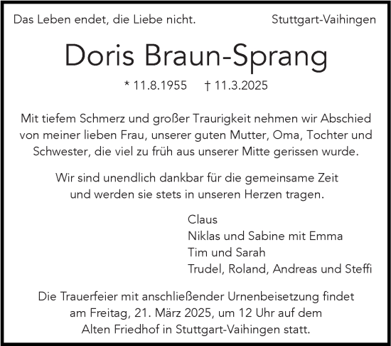 Traueranzeige von Doris Braun-Sprang von Stuttgarter Zeitung / Stuttgarter Nachrichten