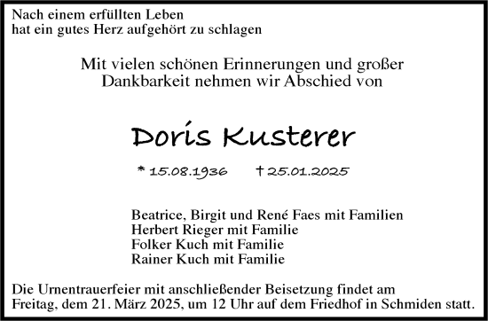 Traueranzeige von Doris Kusterer von Stuttgarter Zeitung / Stuttgarter Nachrichten