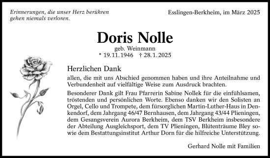 Traueranzeige von Doris Nolle von Stuttgarter Zeitung / Stuttgarter Nachrichten