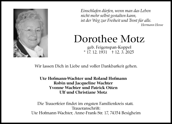 Traueranzeige von Dorothee Motz von Stuttgarter Zeitung / Stuttgarter Nachrichten