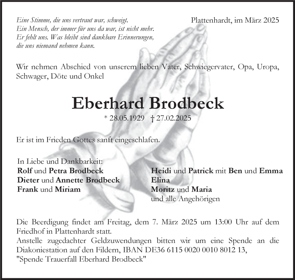  Traueranzeige für Eberhard Brodbeck vom 04.03.2025 aus Stuttgarter Zeitung / Stuttgarter Nachrichten