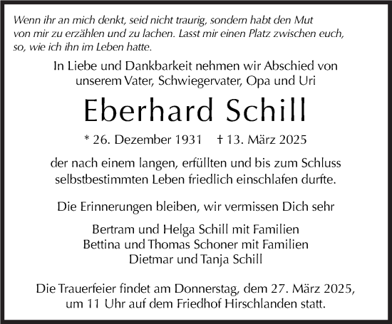Traueranzeige von Eberhard Schill von Stuttgarter Zeitung / Stuttgarter Nachrichten