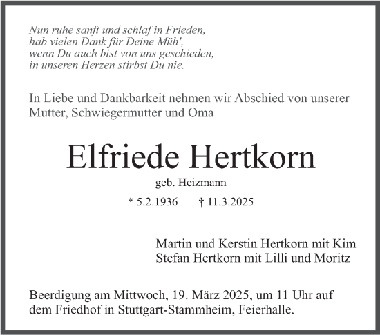 Traueranzeige von Elfriede Hertkorn von Stuttgarter Zeitung / Stuttgarter Nachrichten