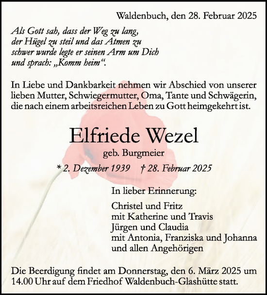 Traueranzeige von Elfriede Wezel von Stuttgarter Zeitung / Stuttgarter Nachrichten