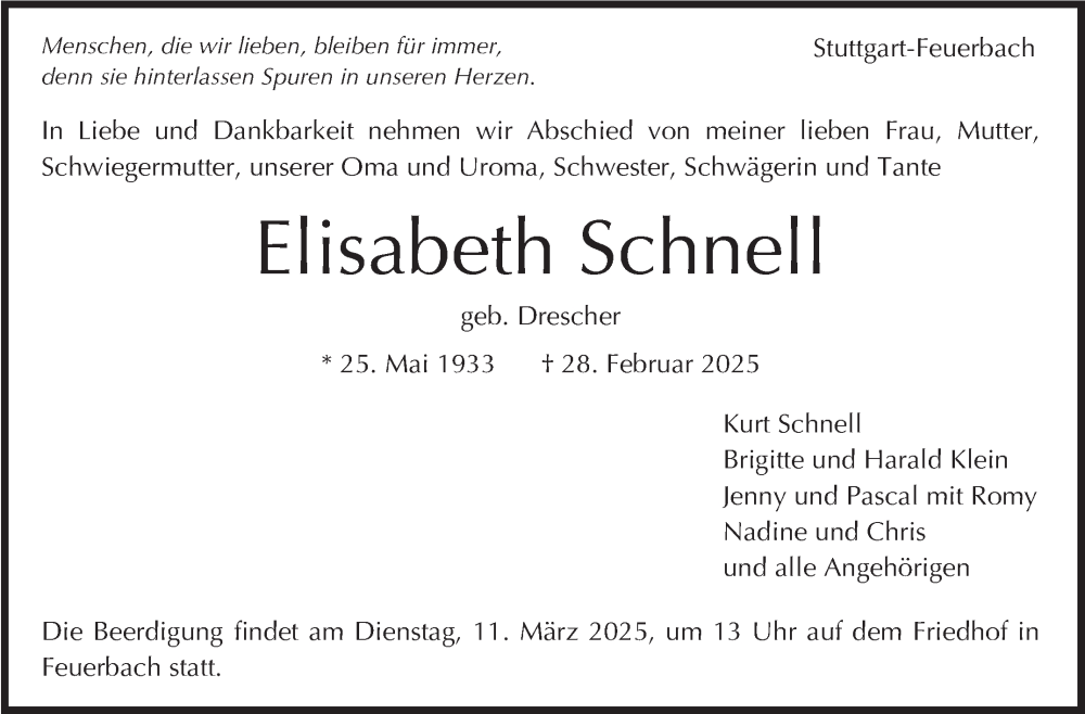  Traueranzeige für Elisabeth Schnell vom 08.03.2025 aus Stuttgarter Zeitung / Stuttgarter Nachrichten
