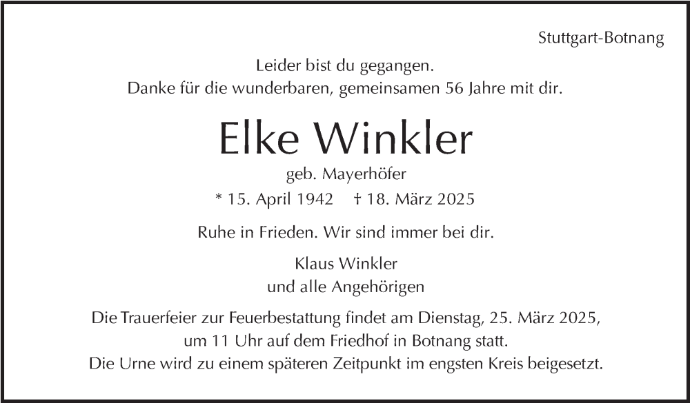  Traueranzeige für Elke Winkler vom 22.03.2025 aus Stuttgarter Zeitung / Stuttgarter Nachrichten