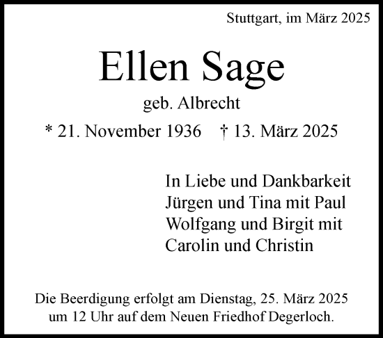 Traueranzeige von Ellen Sage von Stuttgarter Zeitung / Stuttgarter Nachrichten