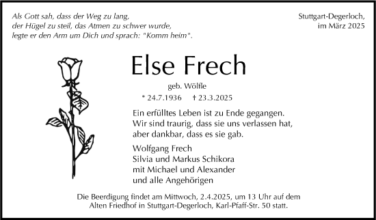 Traueranzeige von Else Frech von Stuttgarter Zeitung / Stuttgarter Nachrichten