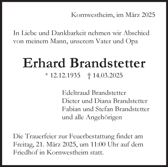 Traueranzeige von Erhard Brandstetter von Stuttgarter Zeitung / Stuttgarter Nachrichten