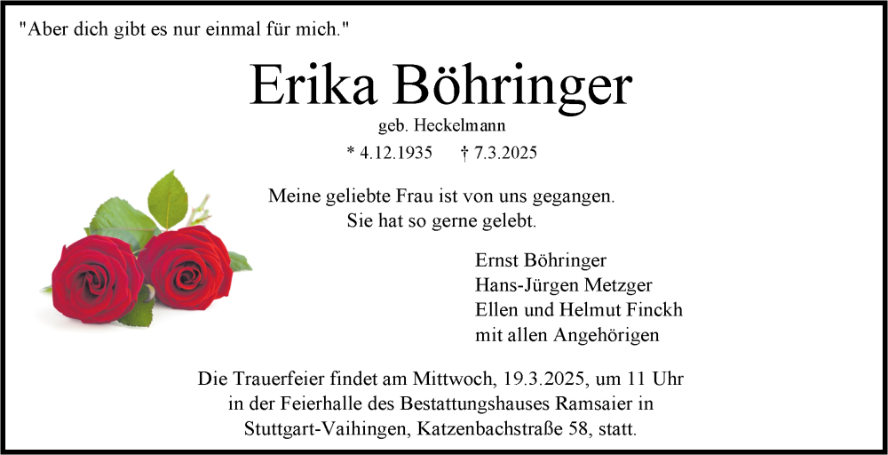  Traueranzeige für Erika Böhringer vom 15.03.2025 aus Stuttgarter Zeitung / Stuttgarter Nachrichten