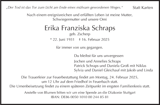 Traueranzeige von Erika Franziska Schraps von Stuttgarter Zeitung / Stuttgarter Nachrichten