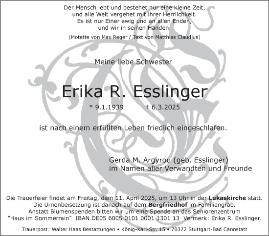 Traueranzeige von Erika R. Esslinger von Stuttgarter Zeitung / Stuttgarter Nachrichten