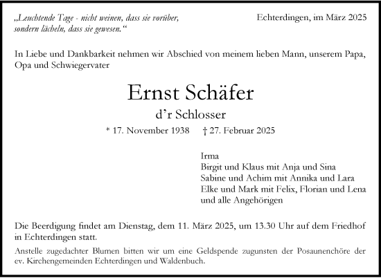 Traueranzeige von Ernst Schäfer von Stuttgarter Zeitung / Stuttgarter Nachrichten