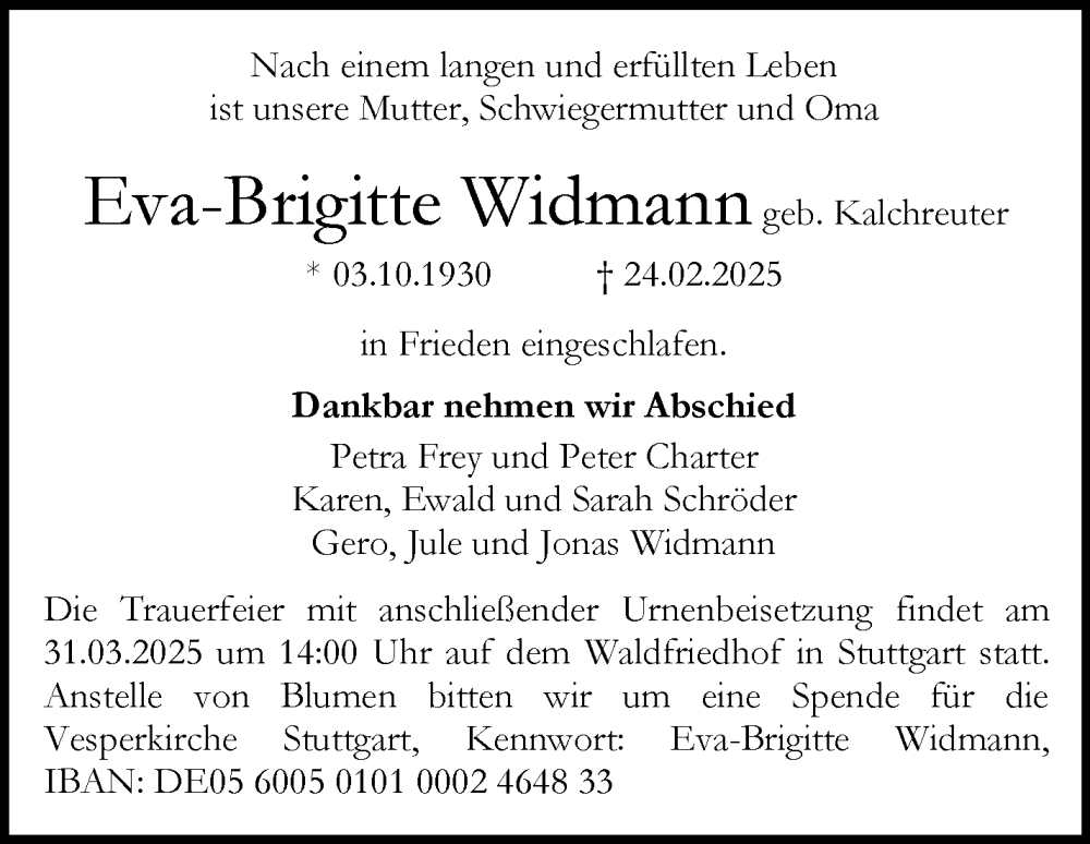  Traueranzeige für Eva-Brigitte Widmann vom 15.03.2025 aus Stuttgarter Zeitung / Stuttgarter Nachrichten