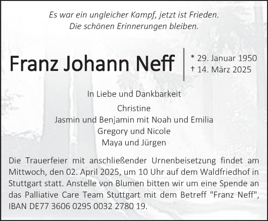 Traueranzeige von Franz Johann Neff von Stuttgarter Zeitung / Stuttgarter Nachrichten