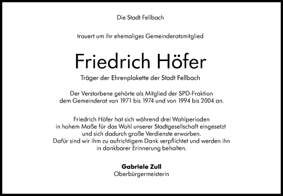 Traueranzeige von Friedrich Höfer von Stuttgarter Zeitung / Stuttgarter Nachrichten