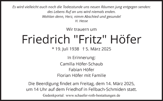 Traueranzeige von Friedrich Höfer von Stuttgarter Zeitung / Stuttgarter Nachrichten