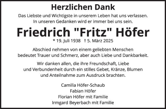 Traueranzeige von Friedrich Höfer von Stuttgarter Zeitung / Stuttgarter Nachrichten