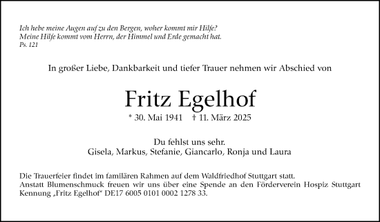 Traueranzeige von Fritz Egelhof von Stuttgarter Zeitung / Stuttgarter Nachrichten