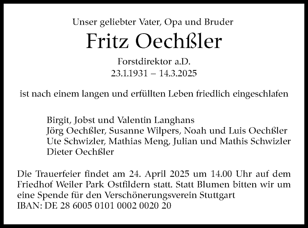  Traueranzeige für Fritz Oechßler vom 22.03.2025 aus Stuttgarter Zeitung / Stuttgarter Nachrichten