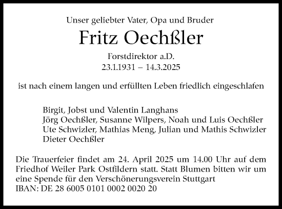 Traueranzeige von Fritz Oechßler von Stuttgarter Zeitung / Stuttgarter Nachrichten