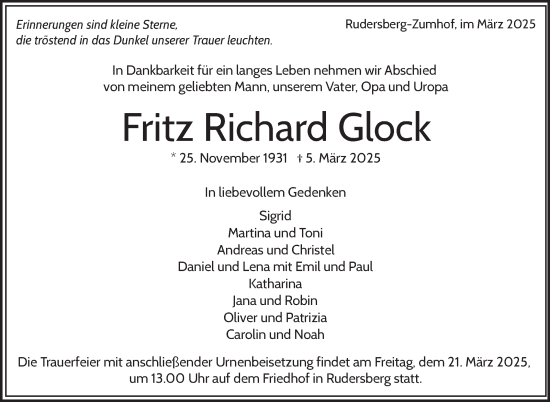 Traueranzeige von Fritz Richard Glock von Stuttgarter Zeitung / Stuttgarter Nachrichten