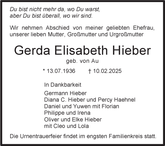 Traueranzeige von Gerda Elisabeth Hieber von Stuttgarter Zeitung / Stuttgarter Nachrichten