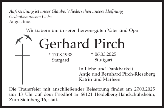 Traueranzeige von Gerhard Pirch von Stuttgarter Zeitung / Stuttgarter Nachrichten