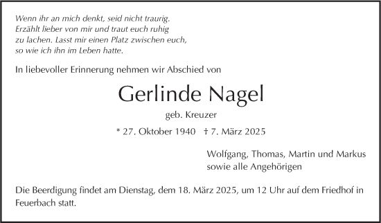 Traueranzeige von Gerlinde Nagel von Stuttgarter Zeitung / Stuttgarter Nachrichten