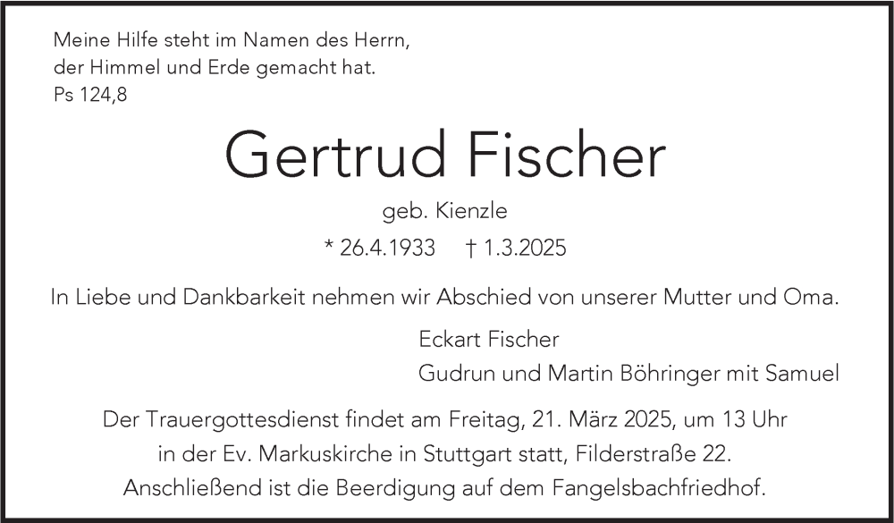  Traueranzeige für Gertrud Fischer vom 08.03.2025 aus Stuttgarter Zeitung / Stuttgarter Nachrichten