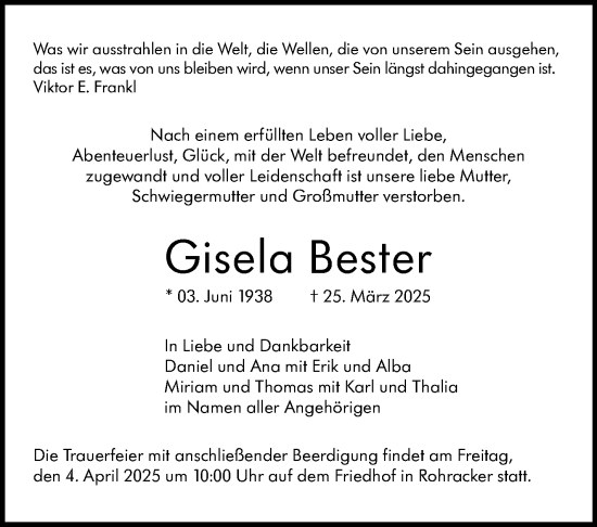 Traueranzeige von Gisela Bester von Stuttgarter Zeitung / Stuttgarter Nachrichten