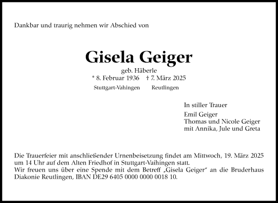 Traueranzeige von Gisela Geiger von Stuttgarter Zeitung / Stuttgarter Nachrichten