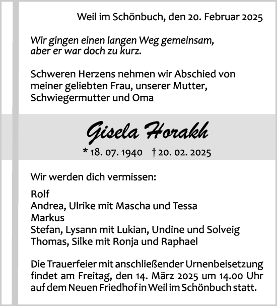 Traueranzeige von Gisela Hornalkh von Stuttgarter Zeitung / Stuttgarter Nachrichten