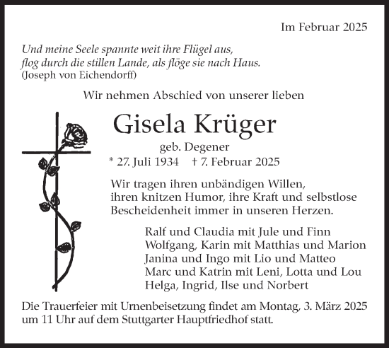 Traueranzeige von Gisela Krüger von Stuttgarter Zeitung / Stuttgarter Nachrichten
