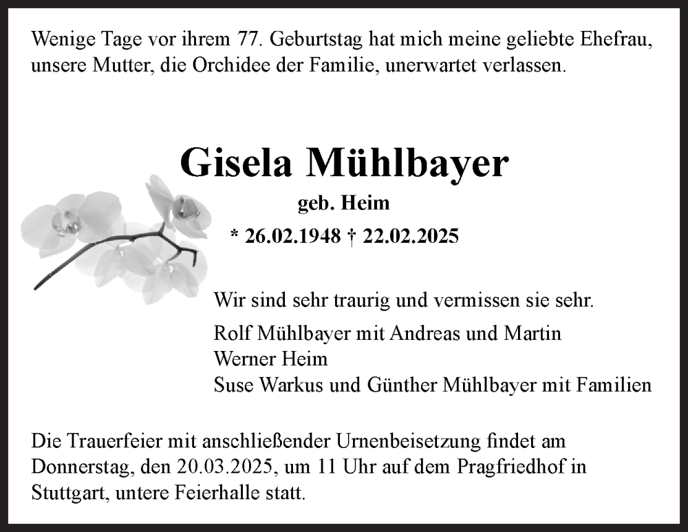  Traueranzeige für Gisela Mühlbayer vom 08.03.2025 aus Stuttgarter Zeitung / Stuttgarter Nachrichten