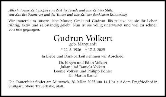 Traueranzeige von Gudrun Volkert von Stuttgarter Zeitung / Stuttgarter Nachrichten