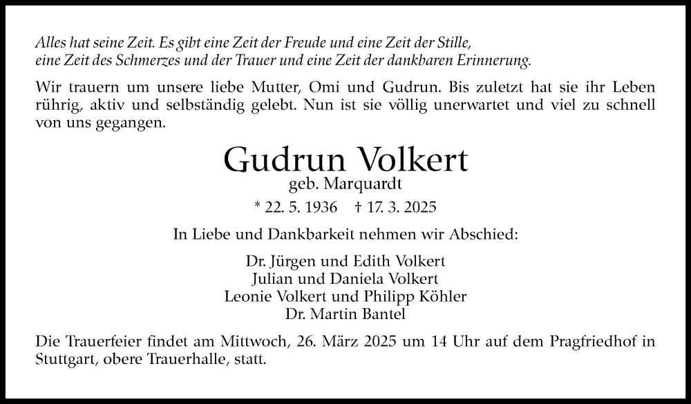  Traueranzeige für Gudrun Volkert vom 22.03.2025 aus Stuttgarter Zeitung / Stuttgarter Nachrichten