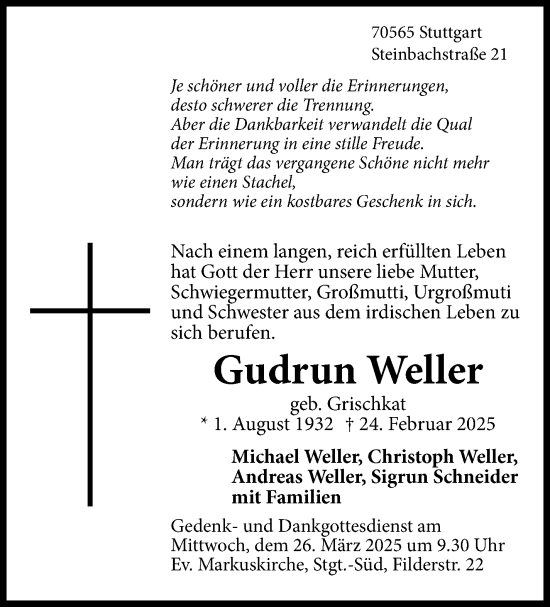 Traueranzeige von Gudrun Weller von Stuttgarter Zeitung / Stuttgarter Nachrichten