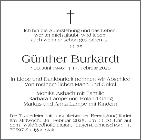 Traueranzeige von Günther Burkardt von Stuttgarter Zeitung / Stuttgarter Nachrichten