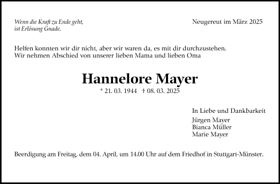 Traueranzeige von Hannelore Mayer von Stuttgarter Zeitung / Stuttgarter Nachrichten