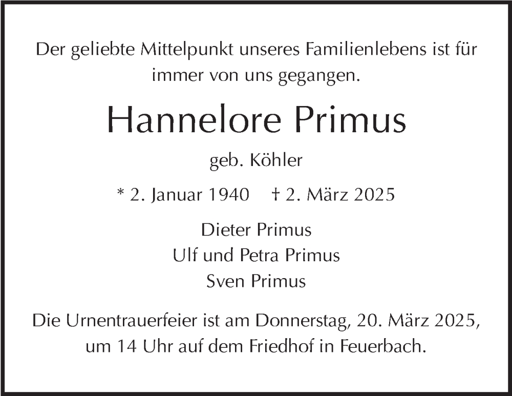  Traueranzeige für Hannelore Primus vom 14.03.2025 aus Stuttgarter Zeitung / Stuttgarter Nachrichten
